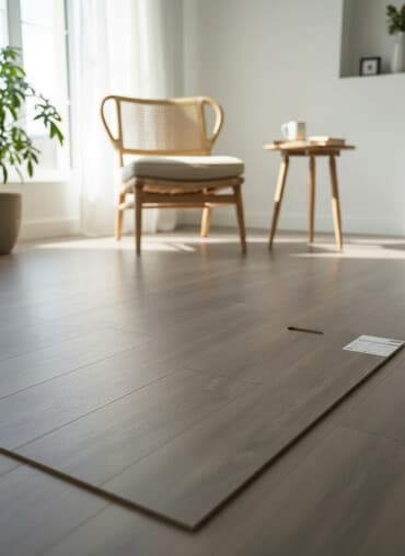 döşəmə taxtaları: Boz-qəhvəyi rəngdə, taxta görünüşlü laminat döşəmə nümunəsi. Səthində — 1