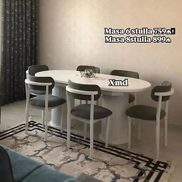 Ağ rəngli, oval formalı yemək masası dəsti. İki sütunvari baza — 1