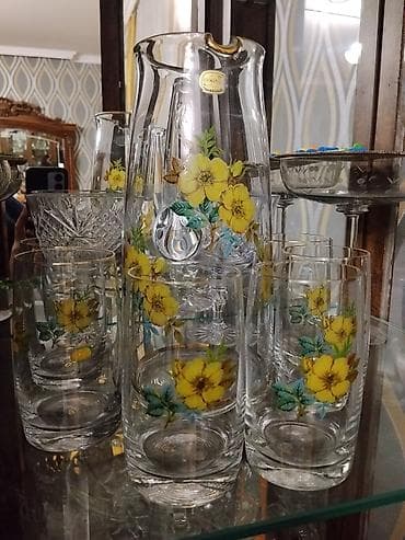 kompot: Şüşə sürahi və stəkan dəsti - Dəst: 1 ədəd sürahi + 6 ədəd hündür — 1