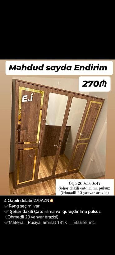 Rus laminatından hazırlanmış, 4 qapılı dolab. Ölçüləri 200x160x47 sm