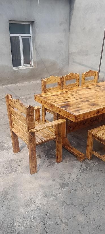 Mebel: Taxta stollar - Tərkibi: 1 böyük düzbucaqlı masa + 8 ədəd stul - — 5