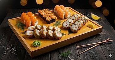 soya wax: Sushi və roll assortisi – böyük taxta ləvədə müxtəlif növdə dəst - — 1