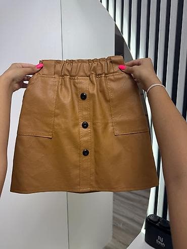 Qız dəri mini ətək – karamel rəngi - Material: eko-dəri (yumşaq — 1