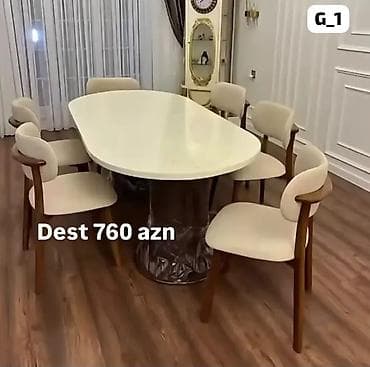 stol ustul: Yemək otağı dəsti – masa və 6 ədəd stul - Oval formalı, parlaq açıq — 1