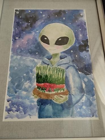 meymun sekili: Akvarel tablo – “Səməni tutan kosmonit”sulu ve akril boya ile islenip — 3