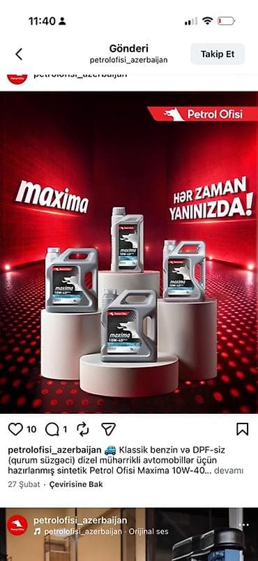 yağ radiator: Petrol Ofisi Maxima 10W-40 – klassik benzin və DPF-siz (qurum süzgəci — 1