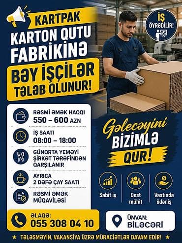 KARTPAK karton qutu fabrikinə bəylər üçün işçi tələbi! - Rəsmi əmək lalafo.az -da KARTPAK karton qutu fabrikinə bəylər üçün işçi tələbi! - Rəsmi əmək