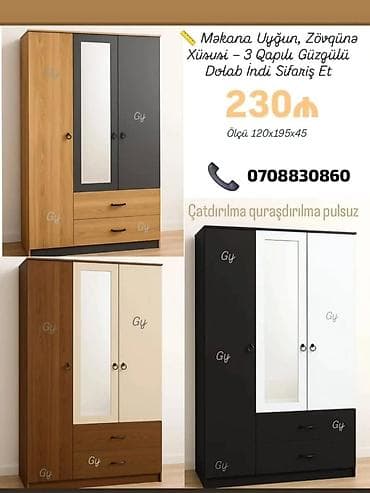 Dolablar: 3 Qapılı, güzgülü paltar dolabı – müxtəlif rəng kombinasiyalarında — 1