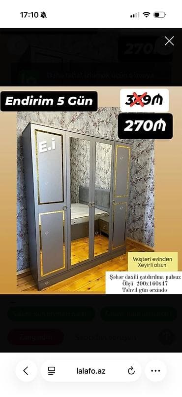 4 qapılı şkaf – güzgülü model - Rəng: boz, qızılı dekor xətləri ilə - lalafo.az -da 4 qapılı şkaf – güzgülü model - Rəng: boz, qızılı dekor xətləri ilə -