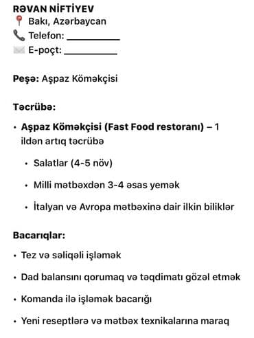 найти работу помощник повара: Xidmət: Aşpaz Köməkçisi Yer: Bakı, Azərbaycan Peşə profili: - Fast — 1
