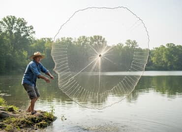 Balıqçı atma toru (cast net) - Dairəvi forma, mərkəzdən ipli dartma