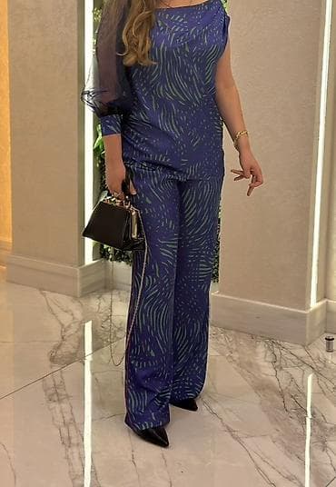 qaqa desti: Mavi-yaşıl naxışlı qadın dəst - 2 hissəli dəst: geniş kəsimli şalvar — 1