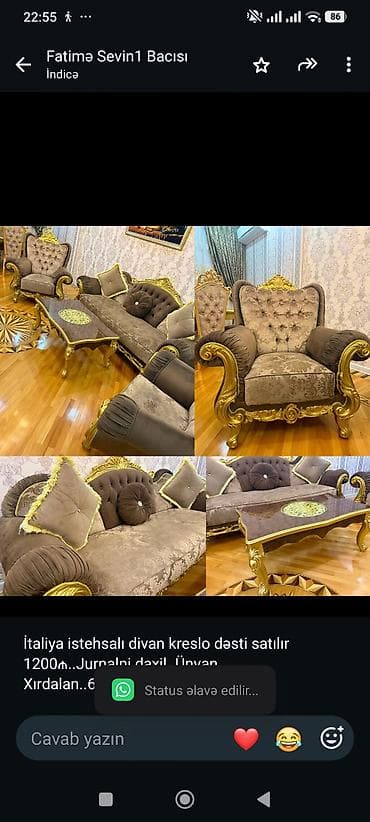 İtaliya istehsalı divan kreslo dəsti satılır 1200₼. Jurnalni — 1