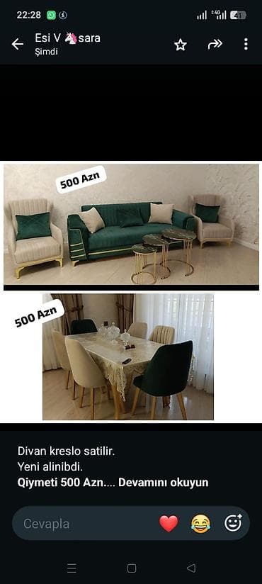 Divan kreslo satilir. Yeni alinibdi. *Qiymeti 500 Azn.* Masa desti