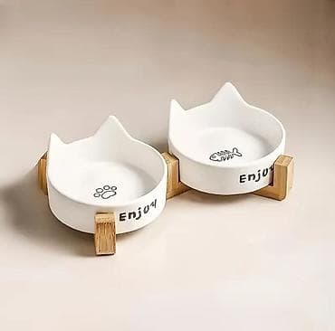 Yuvalar: Yeni, pişik və it yemək və su qabısı. ikili keramik qab taxta altlıqla — 1