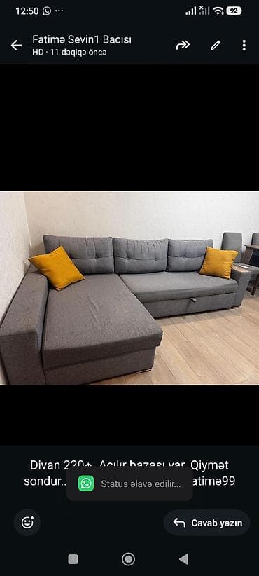 Divan 220₼. Açılır bazası var. Qiymət sondur. Ünvan — 1