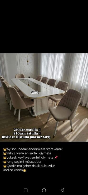 Qonaq otağı üçün, Yeni, Açılmayan, Dördbucaq masa, 6 stul