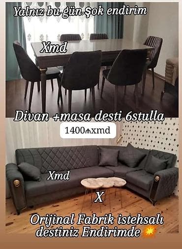ofis ucun stullar: Divan + masa dəsti (6 stulla) - Orijinal fabrik istehsalı dəst - — 1