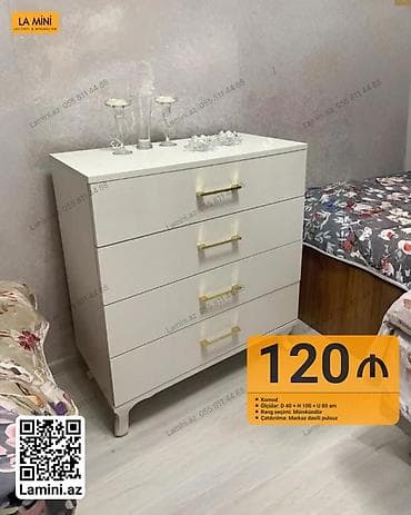 taxta komod: Ağ rəngli komod – La Mini - 4 çekmecəli, qızılı rəngdə tutacaqlar - — 1