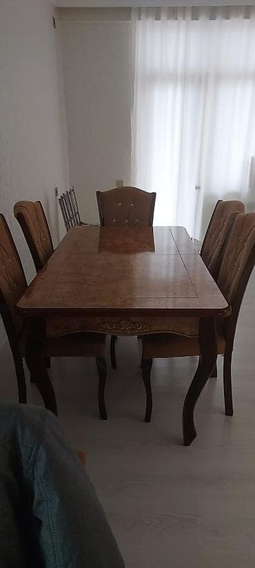 stol stul dəsdi: Qonaq otağı üçün, İşlənmiş, Açılan, Dördbucaq masa, 6 stul — 1