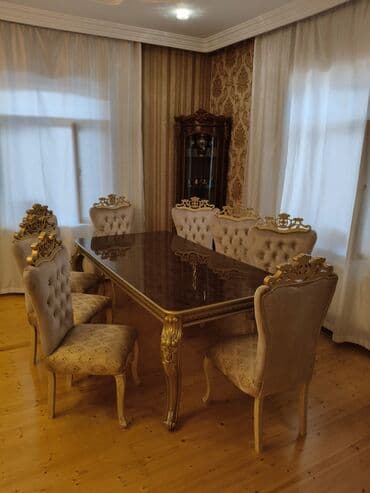 Masalar: Qonaq otağı üçün, İşlənmiş, Açılan, Dördbucaq masa, 8 stul — 1