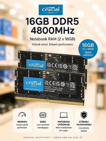 Operativ yaddaş (RAM) Crucial, 32 GB, > 4000 Mhz, DDR5, Noutbuk üçün, İşlənmiş