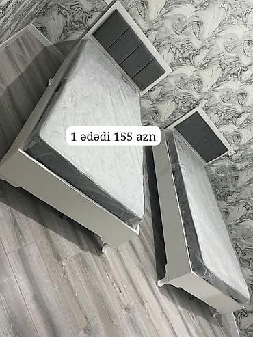 riad mebel: Ağ rəngli tək nəfərlik çarpayılar – müasir dizayn, yumşaq boz başlıq — 1