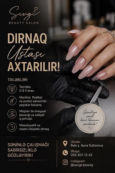 Dırnaq ustası tələb olunur, Yerin icarəsi, 3-5 illik təcrübə lalafo.az -da Dırnaq ustası tələb olunur, Yerin icarəsi, 3-5 illik təcrübə