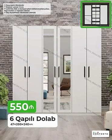 perla dolab: 6 Qapılı Dolab – 47×200×240 sm - Material: 18 mm laminat - Rəng — 1