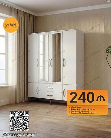 Yeni, 4 qapılı, Güzgülü, Ağ, Digər material, Açılan, Düz dolab