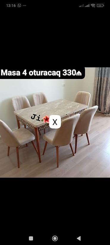Mətbəx/Qonaq otağı üçün masa və 4 ədəd oturacaq dəsti. - Masa: mərmər — 1