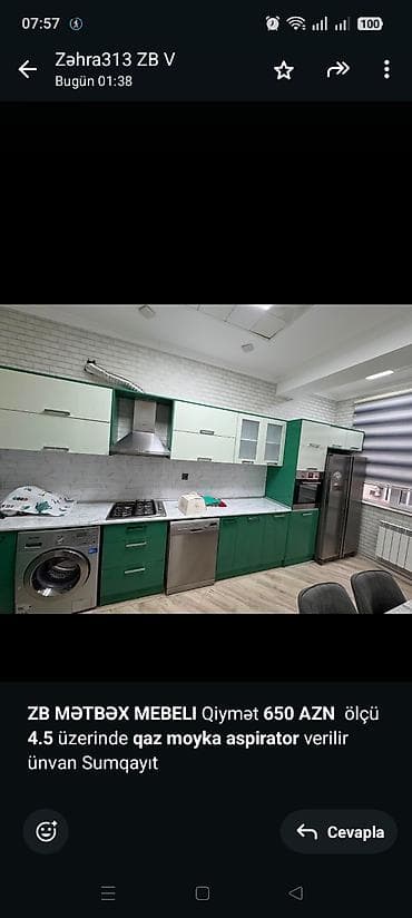 metbex ucun krantlar: *ZB* *MƏTBƏX MEBELI* Qiymət *650 AZN* ölçü *4.5* üzerinde *qaz moyka — 1