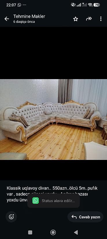 Klassik uqlavoy divan. 550azn. ölcü 5m. pufık var sadece şüşesi — 1