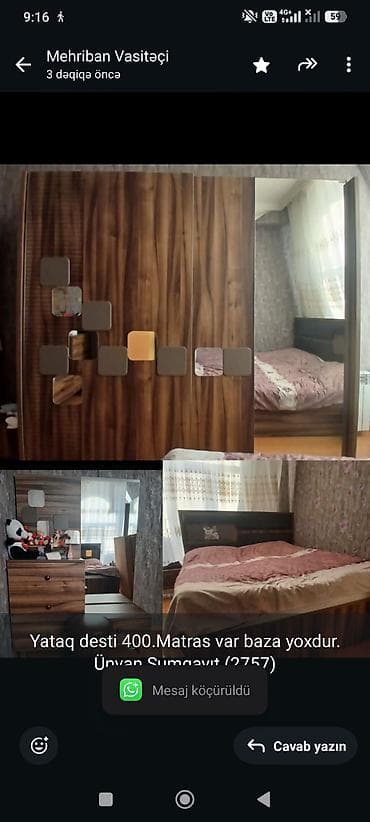 Yataq desti 400.Matras var baza yoxdur.
Ünvan Sumqayıt.(2757)
M Ⓜ️ — 1