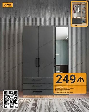 koridor dolabi: 3 qapılı dolab - Ölçülər: Dərinlik 47 sm × Hündürlük 200 sm × Uzunluq — 1