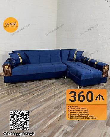 Künc divan, Açılan, Bazalı, Vеlur parça, Şəhərdaxili pulsuz çatdırılma