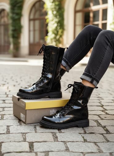 qadın oksfordları: Qadın üçün uzun lacivərd-qara laklı çəkmə - Rəng: qara, parlaq lak - — 1