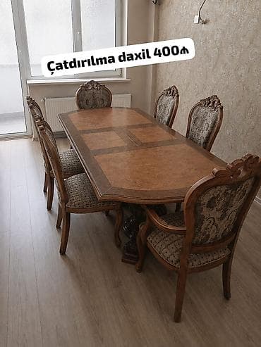 Qonaq otağı üçün, İşlənmiş, Açılan, Dördbucaq masa, 6 stul