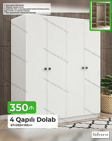 skaf dolab: 4 qapılı şkaf – 47×200×160 sm - Material: 18 mm laminat - Rəng — 1