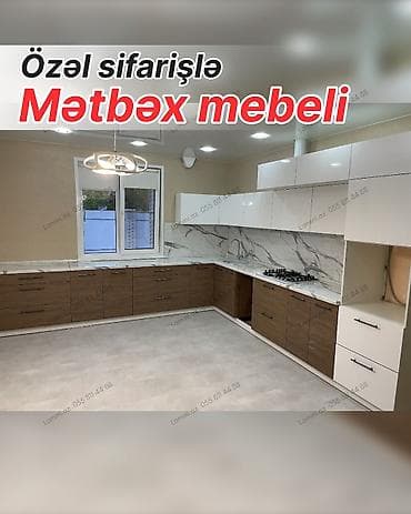 mermer metbex mebelleri: Özəl sifarişlə mətbəx mebeli - Layihə: L formalı, alt dolablar taxta — 1