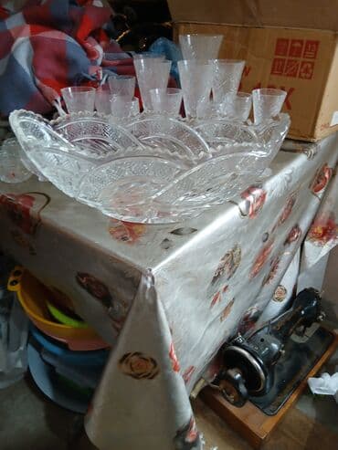 Şüşə/kristal qab dəsti - Klassik naxışlı kristal meyvə/şirniyyat qabı