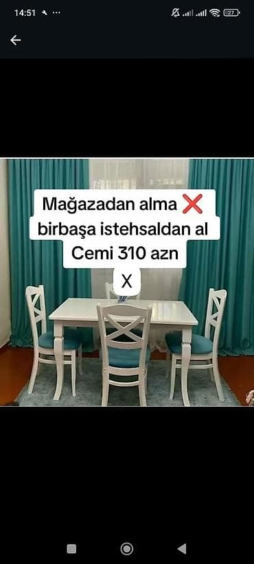 ag masa: Yemək otağı dəsti – 1 stol + 4 stul - Rəng: ağ karkas, mavi oturacaq — 1
