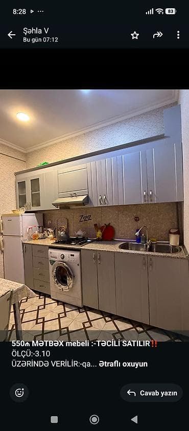 divar skafi: 077 613 12 74 Mətbəx mebeli dəsti – 3.10 m - Rəng: açıq boz - Üst və — 1