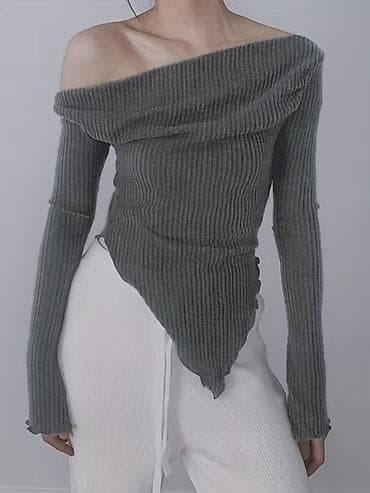 ucuz geyimlər: Qadın trikotaj bluz – asimmetrik kəsimli, bir çiyin açıq dizayn - — 2