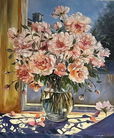 Yağlı boya tablo – “Pəncərədə pionlar” - Texnika: yağlı boya, kətan