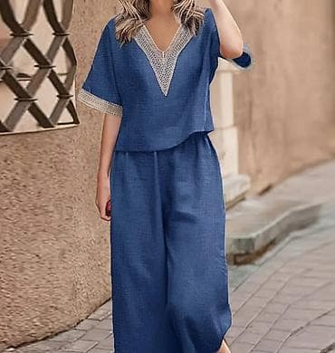 İkihissəli qadın dəsti – köynək və şalvar - Rəng: tünd mavi - Stil