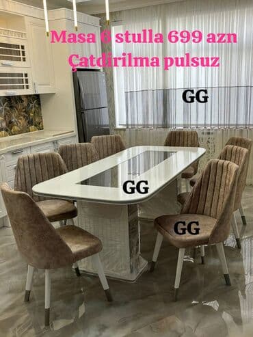 Mətbəx üçün, Yeni, Açılmayan, Dördbucaq masa, 6 stul