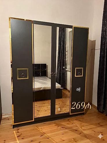 Yeni, 4 qapılı, Güzgülü, Boz, Taxta, Açılan, Düz dolab