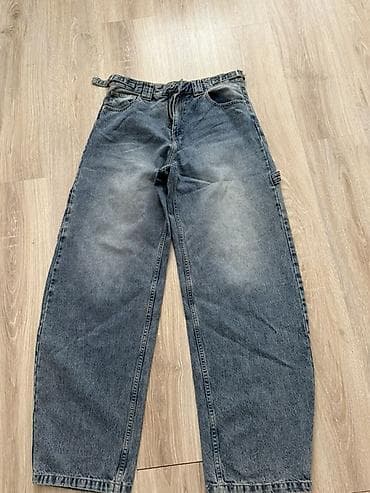 Geniş kəsimli denim şalvar - Rəng: boz-mavi yuyulmuş (fade effektli) — 1