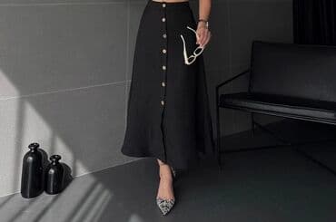 midi məxmər ətəklər: Qadınlar üçün qara midi ətək - Klassik A-kəsim siluet, dizdən aşağı — 1